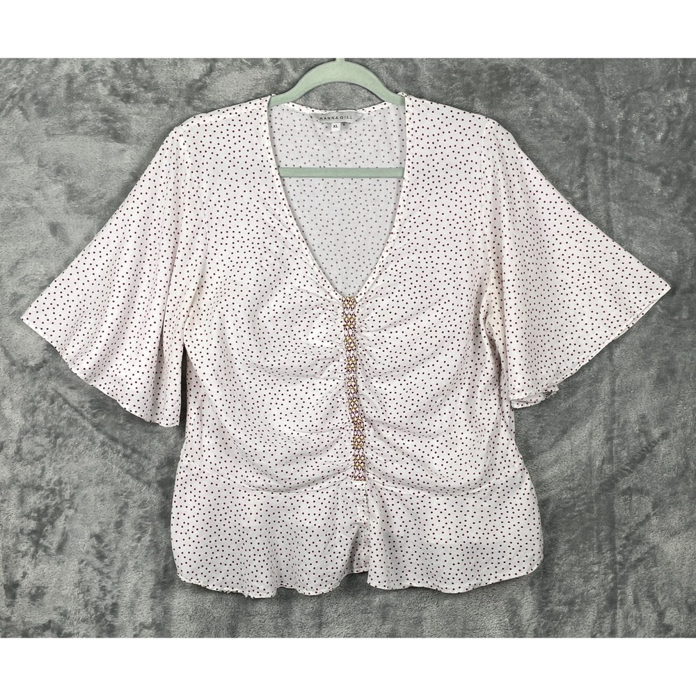 Ranna Gill Anthropologie Blouse Top Shirt Womens XL White Red Polka‎ Dot Cotton